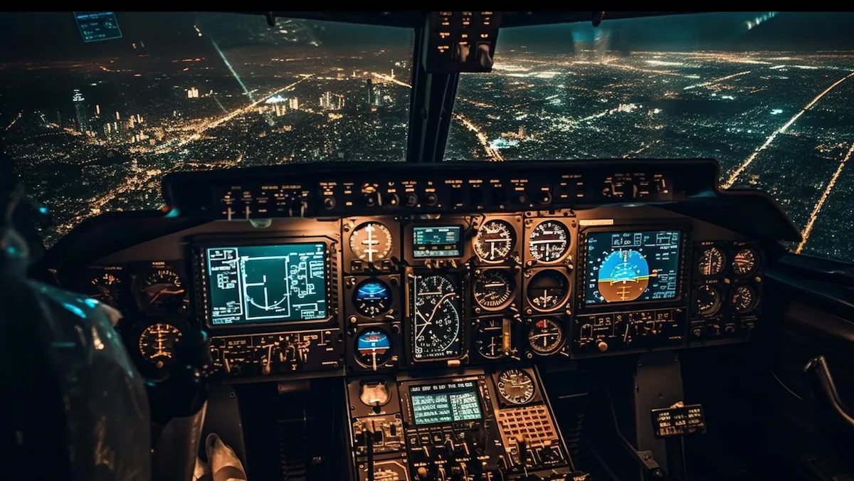 Brightened cockpit and avionics in nighttime flight with stunning twilight backdrop. Generative AI